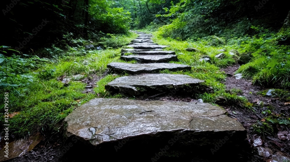 Fototapeta premium Stone steps leading uphill in a lush green forest, path through nature, tranquility, peaceful hike, nature background