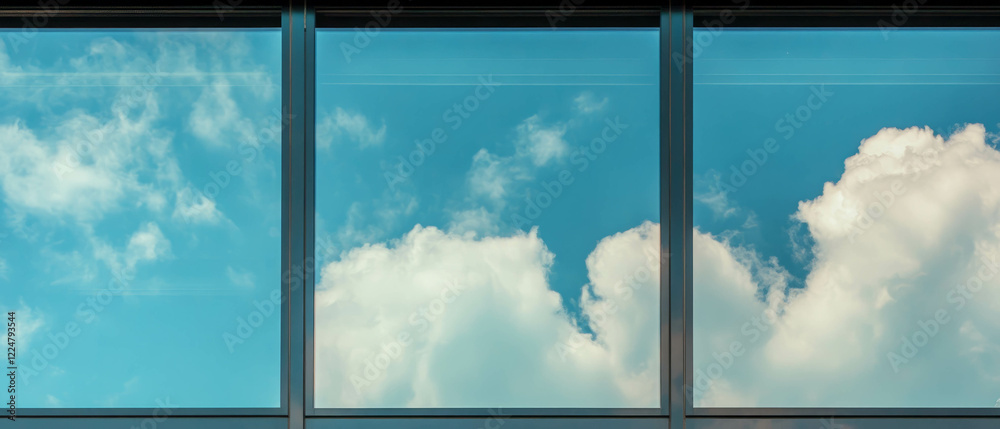 Fototapeta premium Clear window reveals a serene view of clouds against a bright blue sky