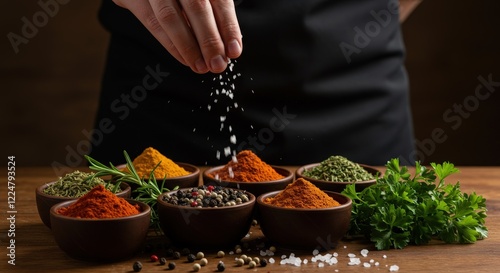 Close-up of spices in wooden bowls with salt being added