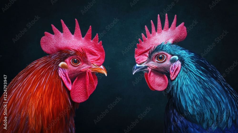 Fototapeta premium Intense Gaze Of A Red Rooster And A Blue Hen