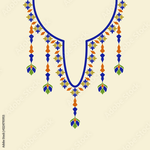 Bohemian necklace, neckline, clothing, and orange and blue ornamental necklace on a cream background. Vector illustration for your design