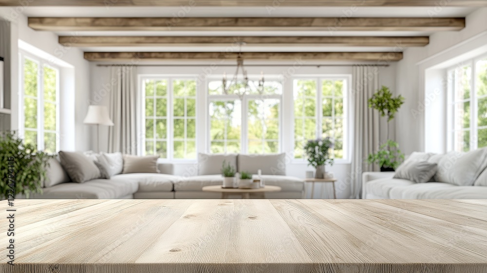 Fototapeta premium Light Wooden Tabletop in Bright, Modern Farmhouse Living Room with Large Windows