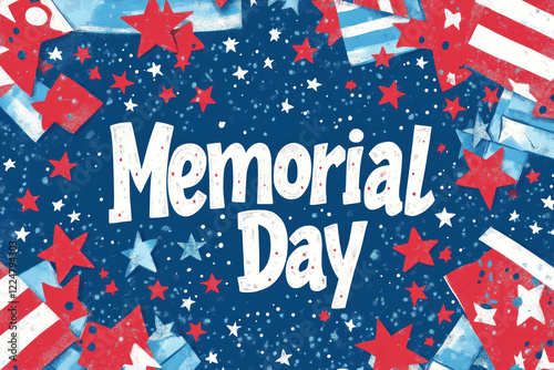 Memorial Day poster featuring a waving American flag, decorated with poppies and the words 