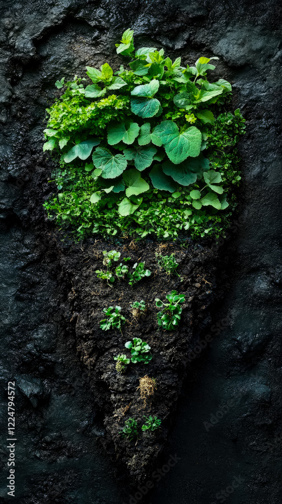 Lush Greenery Emerging from Dark Soil: A Botanical Composition Lush Greenery Emerging from Dark Soil: A Botanical Composition