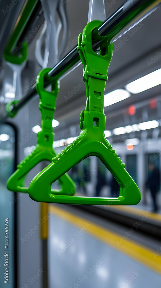 Close-up Photo of Green Hanging Hand Grips Inside a Train Carriage in Motion, Blurred Background. Close-up Photo of Green Hanging Hand Grips Inside a Train Carriage in Motion, Blurred Background.
