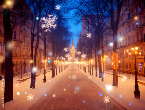 Snowy City Street Illuminated with Festive Lights at Dusk + Winter Magic