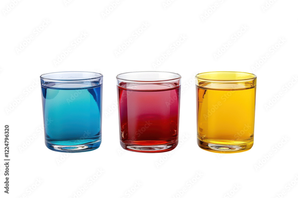 Vibrant trio of colored glasses filled with refreshing beverages on a bright, minimalist background inviting a sense of joy and creativity isolated on transparent background Vibrant trio of colored glasses filled with refreshing beverages on a bright, minimalist background inviting a sense of joy and creativity isolated on transparent background