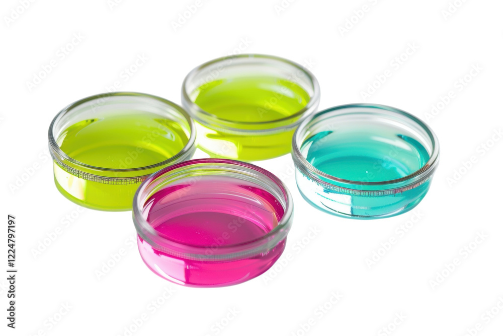 Brightly colored liquids in glass dishes create a vibrant display of science experiment inspiration on a pristine surface isolated on transparent background