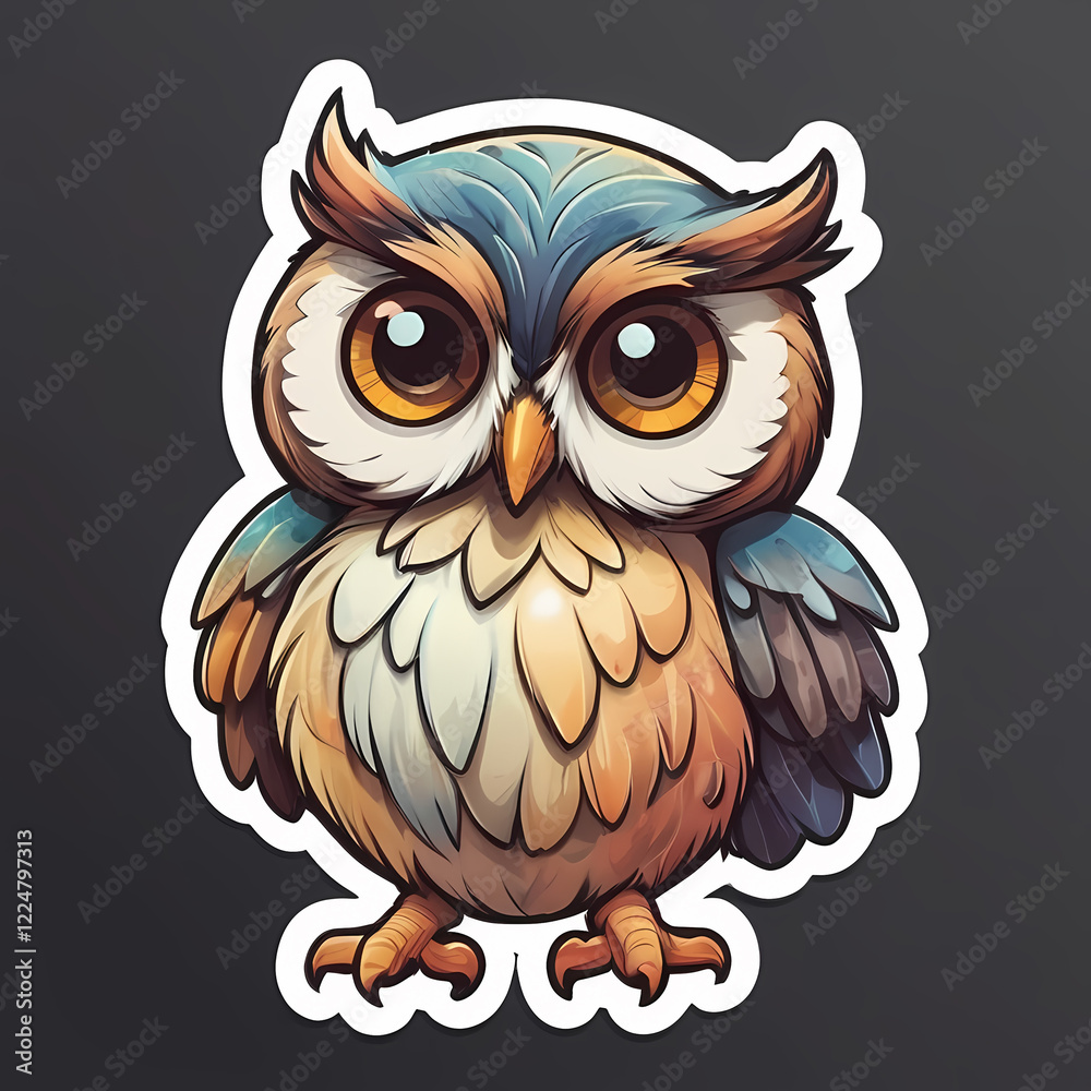 Obraz premium Charming Cartoon Owl with Big Eyes and a Friendly Smile for Animal Stickers