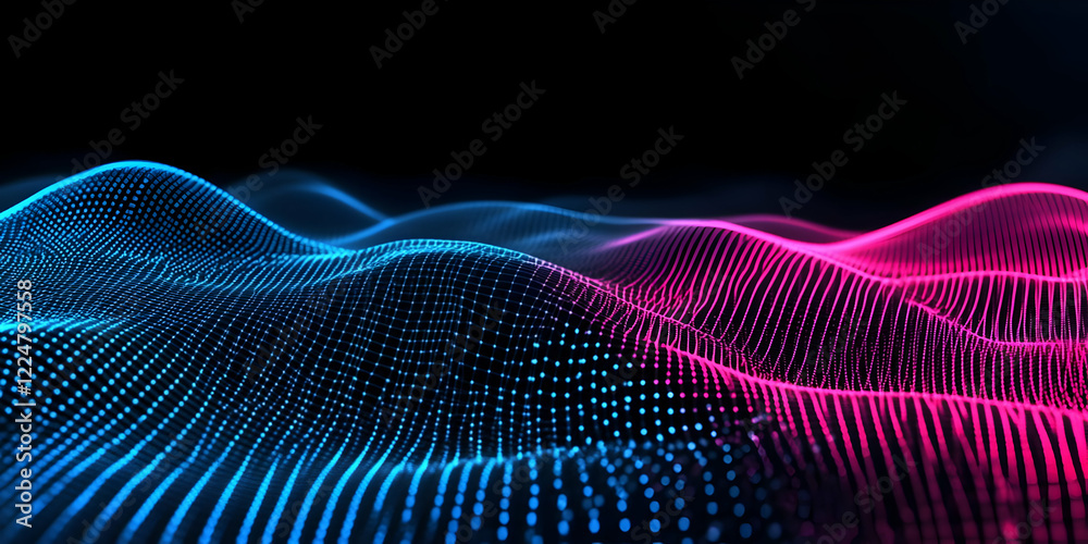 Abstract 3D landscape forms undulating waves of glowing particles in blue and pink hues.