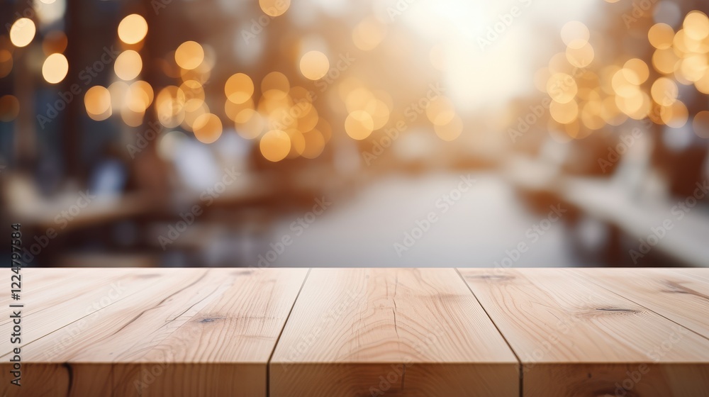 Bright and Inviting Cafe Scene with a White Wooden Table Surface in a Warmly Lit Environment with Bokeh Effect and Blurred Background