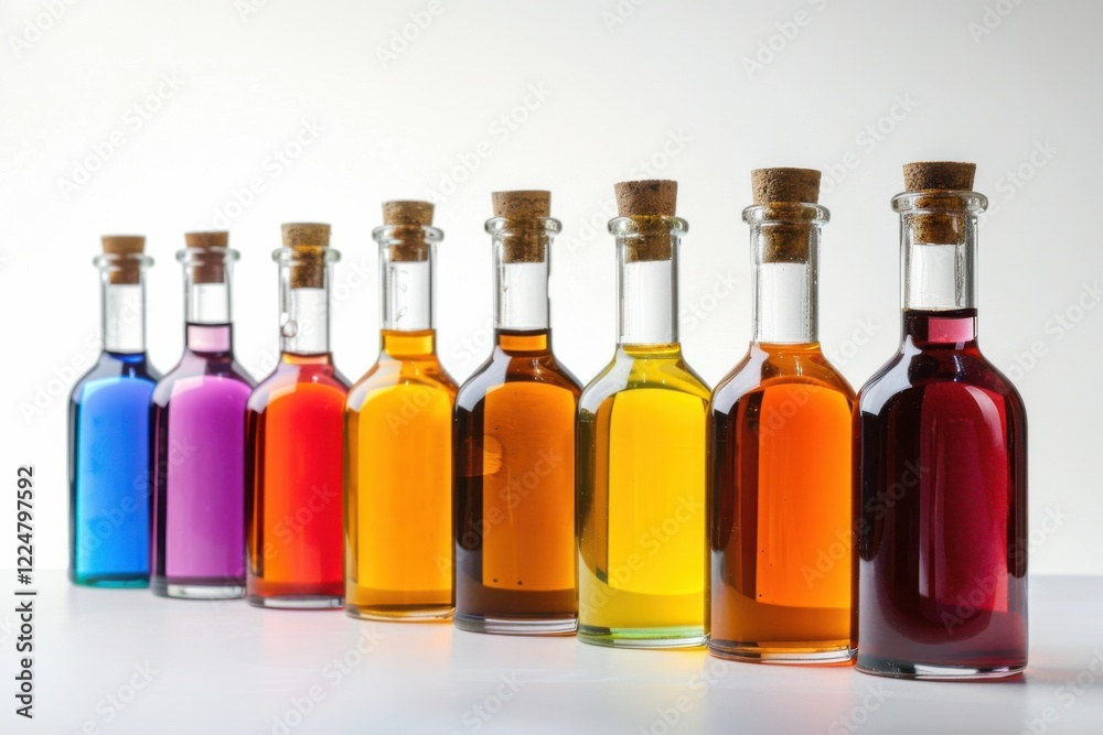 Colorful glass bottles filled with vibrant liquids arranged artistically on a table against a minimalist backdrop isolated on transparent background Colorful glass bottles filled with vibrant liquids arranged artistically on a table against a minimalist backdrop isolated on transparent background