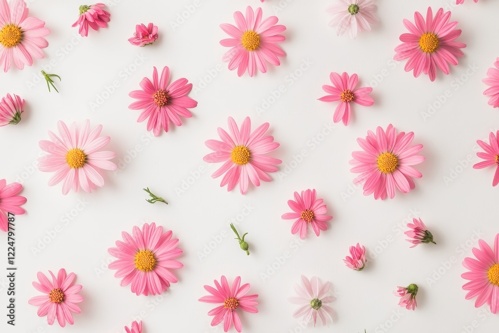 Pink daisies arranged on white background, flat lay, floral pattern, spring design Pink daisies arranged on white background, flat lay, floral pattern, spring design