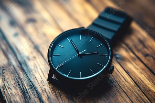 Wallpaper Mural Stylish black wristwatch with minimalist design resting on a textured wooden table, showcasing the current time and the watch's elegant features Torontodigital.ca