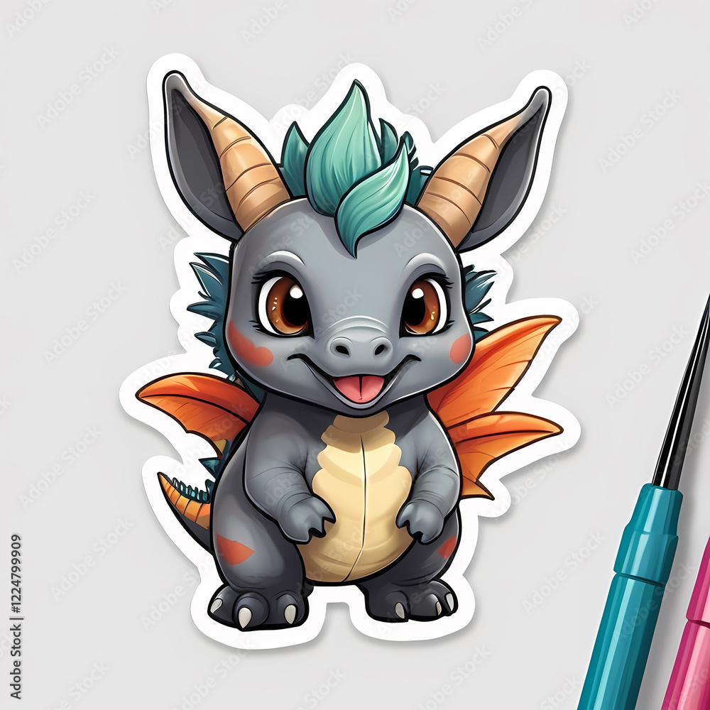 Fototapeta premium Cute Cartoon Blue Dragon with a Cheerful Expression Perfect for Animal Stickers