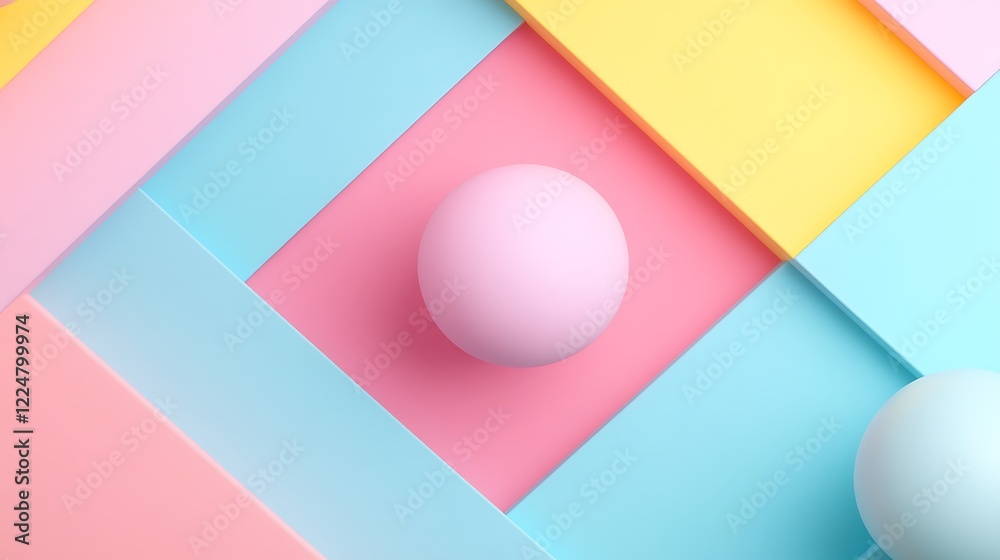 Abstract composition with pastel colors and geometric shapes featuring spheres on a vibrant background Abstract composition with pastel colors and geometric shapes featuring spheres on a vibrant background