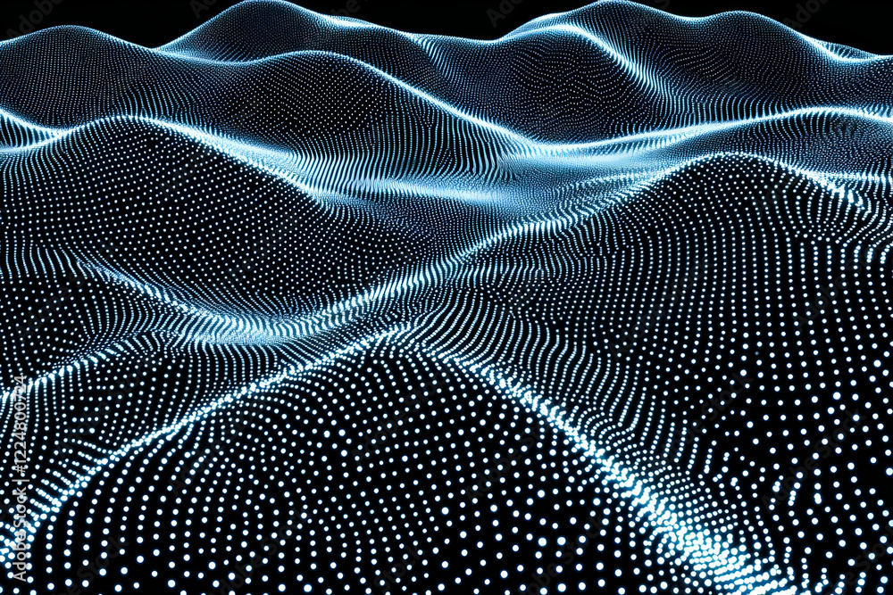 Naklejka premium Abstract 3D landscape forms undulating waves of glowing particles in a dark background.