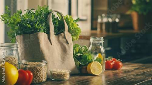 Sustainable Living: Reusable Bag and Organic Produce photo