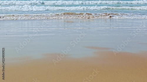 serene beach scene featuring gentle waves rolling onto the sandy shore. The background showcases the open ocean, with its rhythmic waves meeting the horizon.  photo