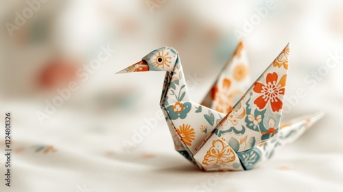 A Beautifully Crafted Origami Crane Decorated with Floral Patterns Sitting Gracefully on a Soft Textured Surface with a Delicate Background photo