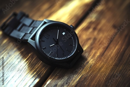 Wallpaper Mural Stylish black wristwatch resting on a rustic wooden table, highlighting its elegant design and precise timekeeping features. Perfectly blending classic and modern aesthetics Torontodigital.ca