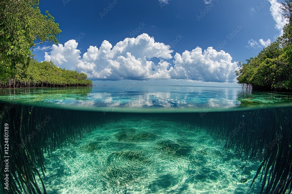 Obraz premium Panoramic view of a mangrove forest meeting a crystal-clear ocean, with fluffy clouds and turquoise reflections.