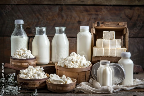 Dairy products on rustic wooden table. Assortment of most common fresh dairy products. Farmers market. From farm to table. Milk food group still life. Various kinds of cheese, butter and milk bottles photo