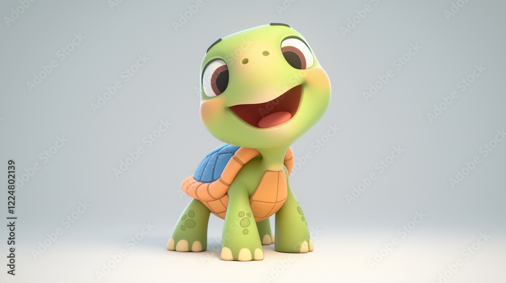 Fototapeta premium 3D Green Turtle on Light Grey Backdrop, Illustration for Kids
