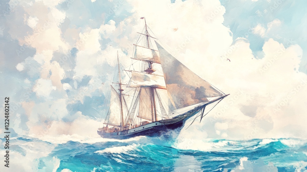 Sailing ship on ocean waves, classic sailing ship with tall masts, elegant sailing ship navigating the sea under a cloudy sky. Vintage landscape drawing illustration painting. Sailing ship on ocean waves, classic sailing ship with tall masts, elegant sailing ship navigating the sea under a cloudy sky. Vintage landscape drawing illustration painting.