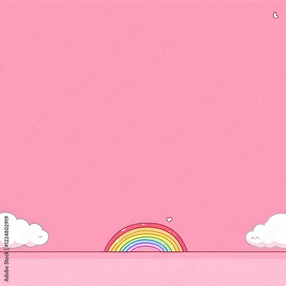 Cute Rainbow and Clouds Create a Whimsical Pink Background Illustration