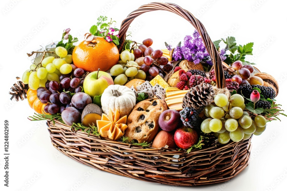 A vibrant fruit and treat basket overflowing with seasonal delights for a festive celebration in a cozy home setting isolated on transparent background A vibrant fruit and treat basket overflowing with seasonal delights for a festive celebration in a cozy home setting isolated on transparent background