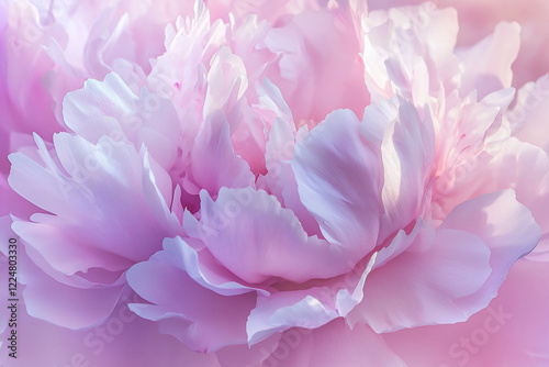 Soft pink peony flower blooms beautifully in a serene garden setting with gentle sunlight