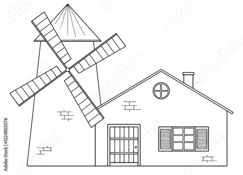 Windmill isolated building exterior graphic black white sketch illustration vector