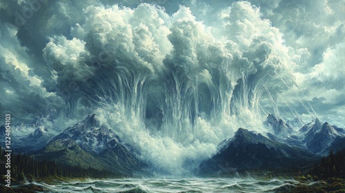 Massive clouds deluge mountains; ocean churns.