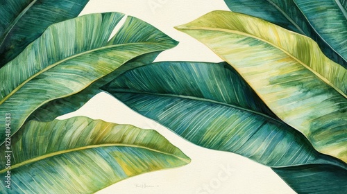 Lush Green Tropical Banana Leaves Watercolor Painting