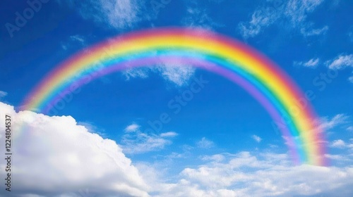 Vibrant rainbow arching across a bright blue sky, partially obscured by fluffy white clouds. Perfect for illustrating hope, dreams, or nature-themed projects.