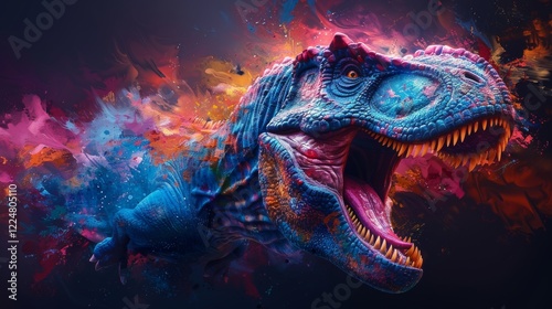 Abstract of Tyrannosaurus rex or T-rex dinosaur portrait in Cretaceous period with multi colored colorful on skin body paint, Vibrant bright gradients background