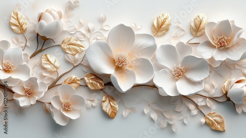 Wallpaper Mural Elegant Seamless 3D Floral Design with White and Gold Flowers on Soft Background for Interior Decoration and Design Projects Torontodigital.ca