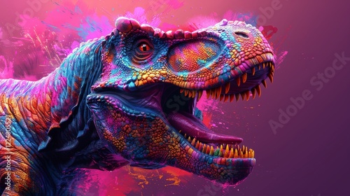 Abstract of Tyrannosaurus rex or T-rex dinosaur portrait in Cretaceous period with multi colored colorful on skin body paint, Vibrant bright gradients background