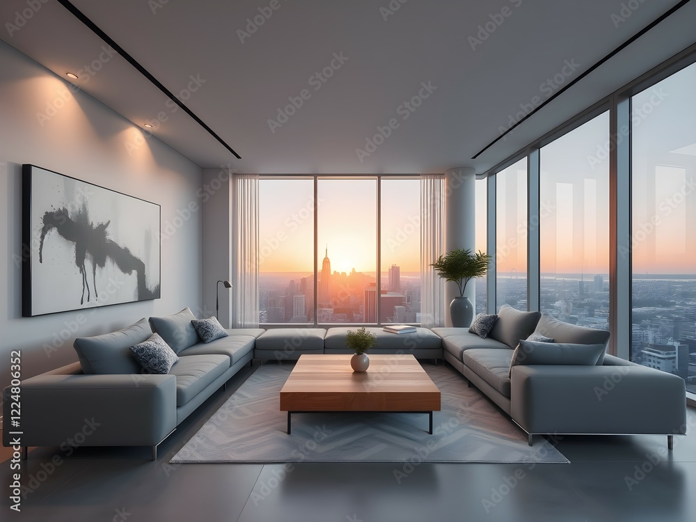 Fototapeta premium Modern minimalist living room with sleek furniture, gray sofa, wooden table, abstract art, and sunset view