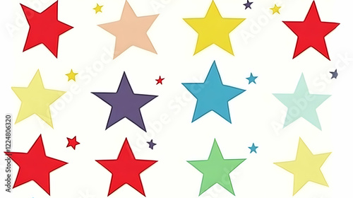 Colorful Stars Pattern Brightly Shines on a White Background, Simple and Cheerful Design.