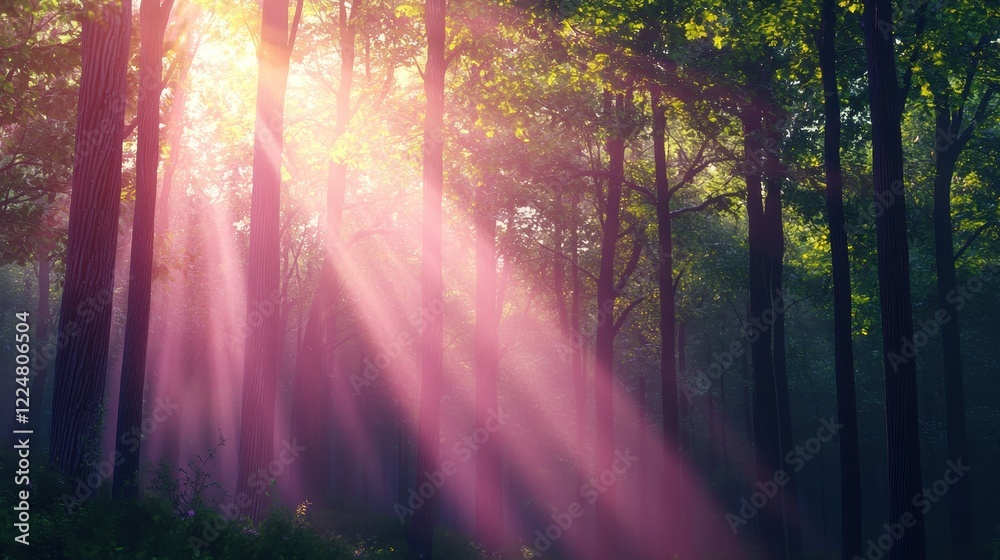 Fototapeta premium Magical Forest at Sunrise with Pink Light Rays Streaming Through Trees
