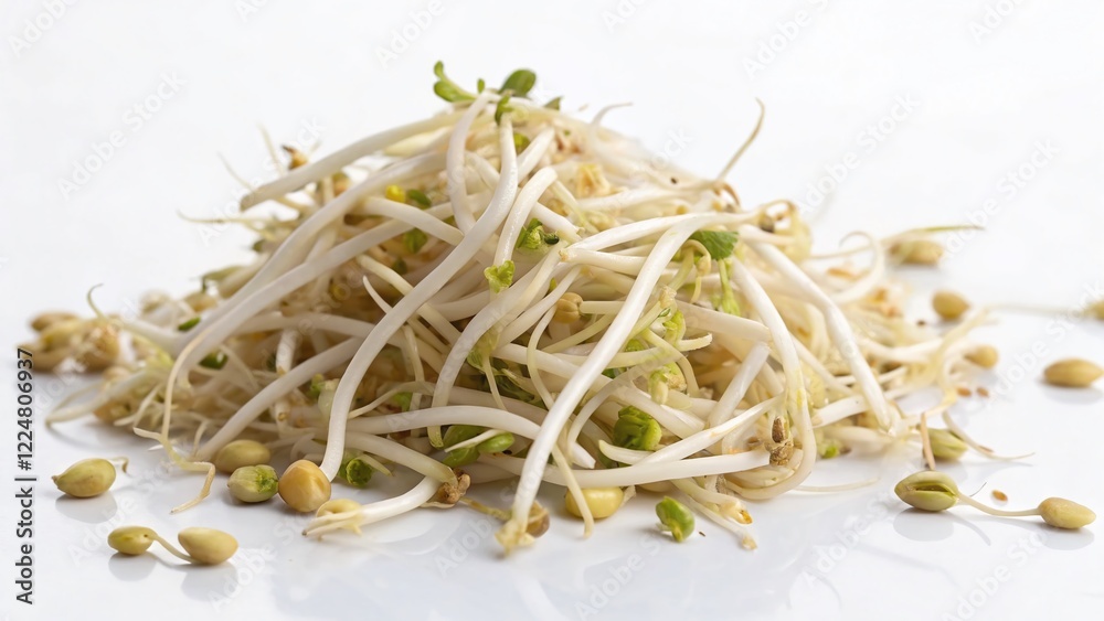 Minimalist Photo: Fresh Whole Bean Sprouts on White Background - Healthy Food Stock Image Minimalist Photo: Fresh Whole Bean Sprouts on White Background - Healthy Food Stock Image