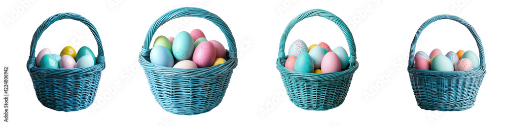 Naklejka premium Assortment of colorful Easter eggs in wicker baskets placed on a rustic wooden backdrop The pastel colored eggs symbolize the rebirth and renewal associated with the Christian holiday of Easter