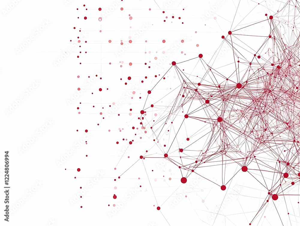 Abstract Red Network Connecting Dots and Lines Spreads Across a White Background