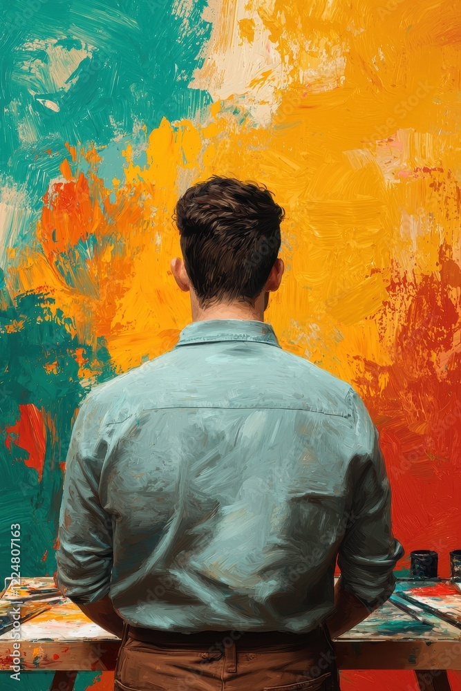 Obraz premium Male Artist Contemplating Abstract Painting in Vibrant Hues