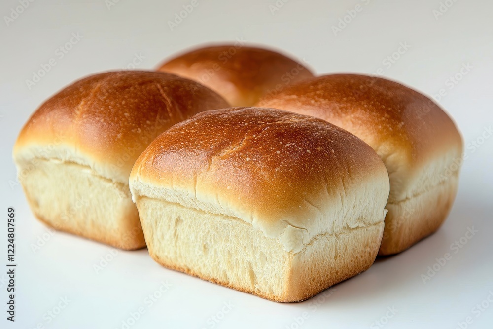 Four golden buns, studio shot, white background, bakery product Four golden buns, studio shot, white background, bakery product