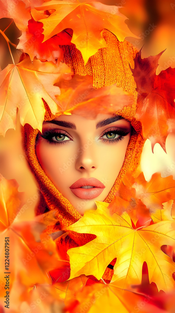 Fototapeta premium Autumn Beauty Poses Amidst Vibrant Fall Leaves, Wearing an Orange Knitted Headscarf for Warmth and Style.