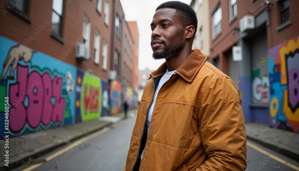 Fototapeta premium Confident African-American man in quilted jacket by colorful mural, urban expression