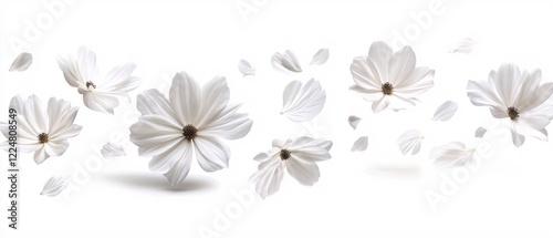 Floating white cosmos flowers and petals on a clean white background creating a soft floral design